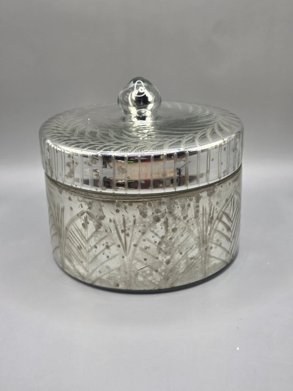 Creative Co-Op Etched Faux Mercury Glass Canister Lidded Trinket Jar Silver Leaf
